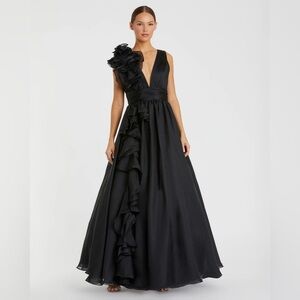 MAC DUGGAL 48856 Black Ruffle Shoulder V-Neck Chiffon Gown